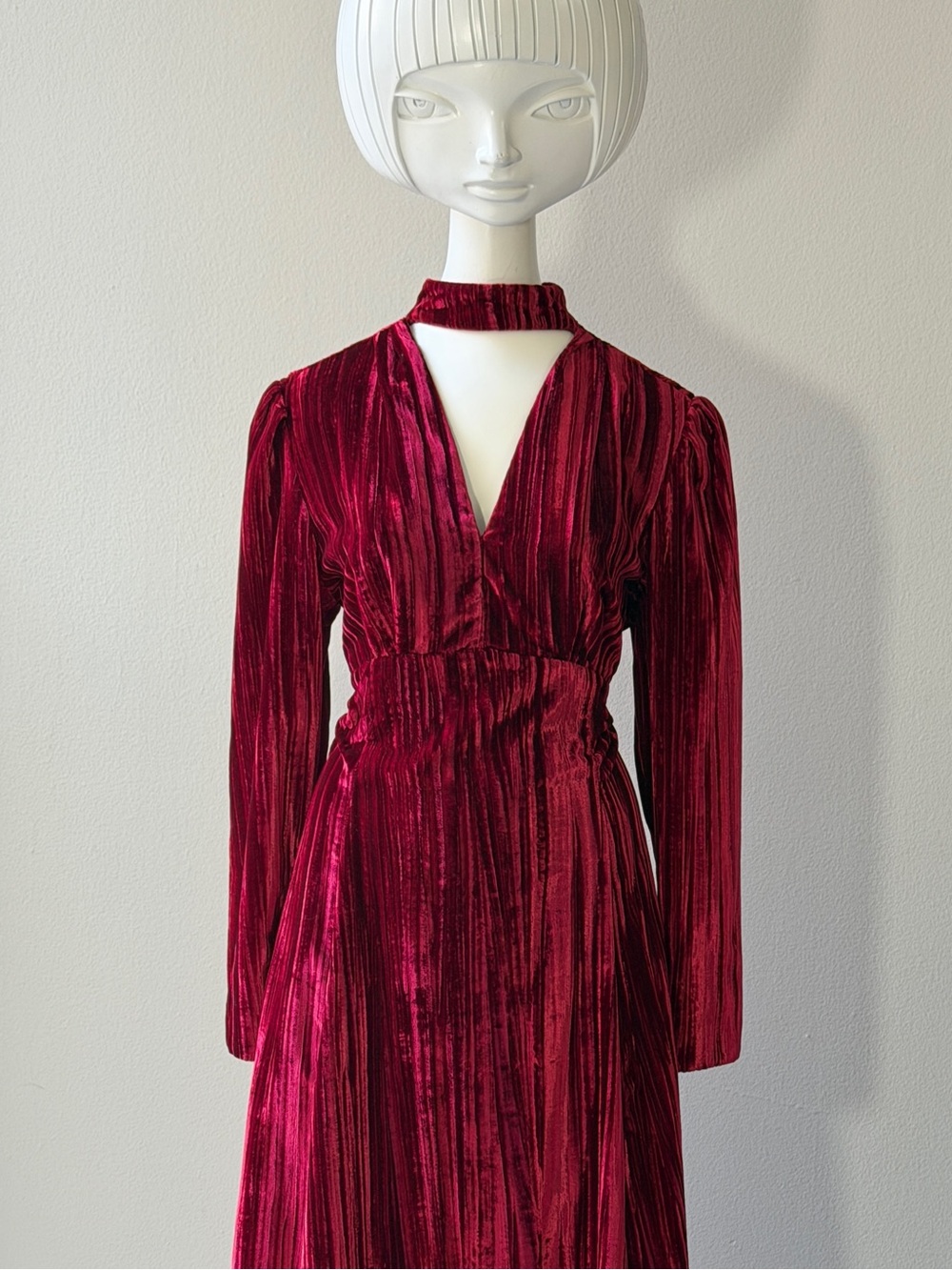 Vintage Pierre Balmain Velvet Long-Sleeve V-Neck Maxi Dress in Wine Red